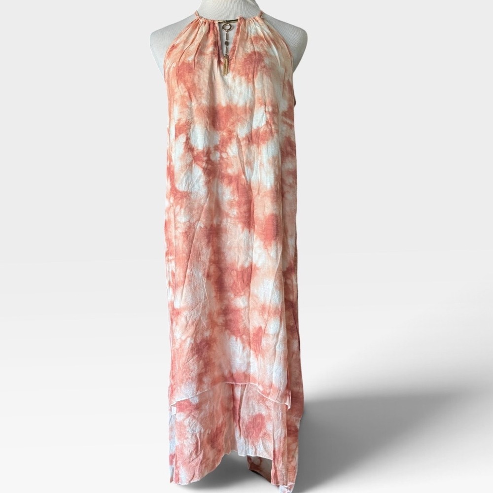 Mlle Gabrielle Dress Womens L Tie Dye Orange Rayon High Low Halter Boho Maxi New